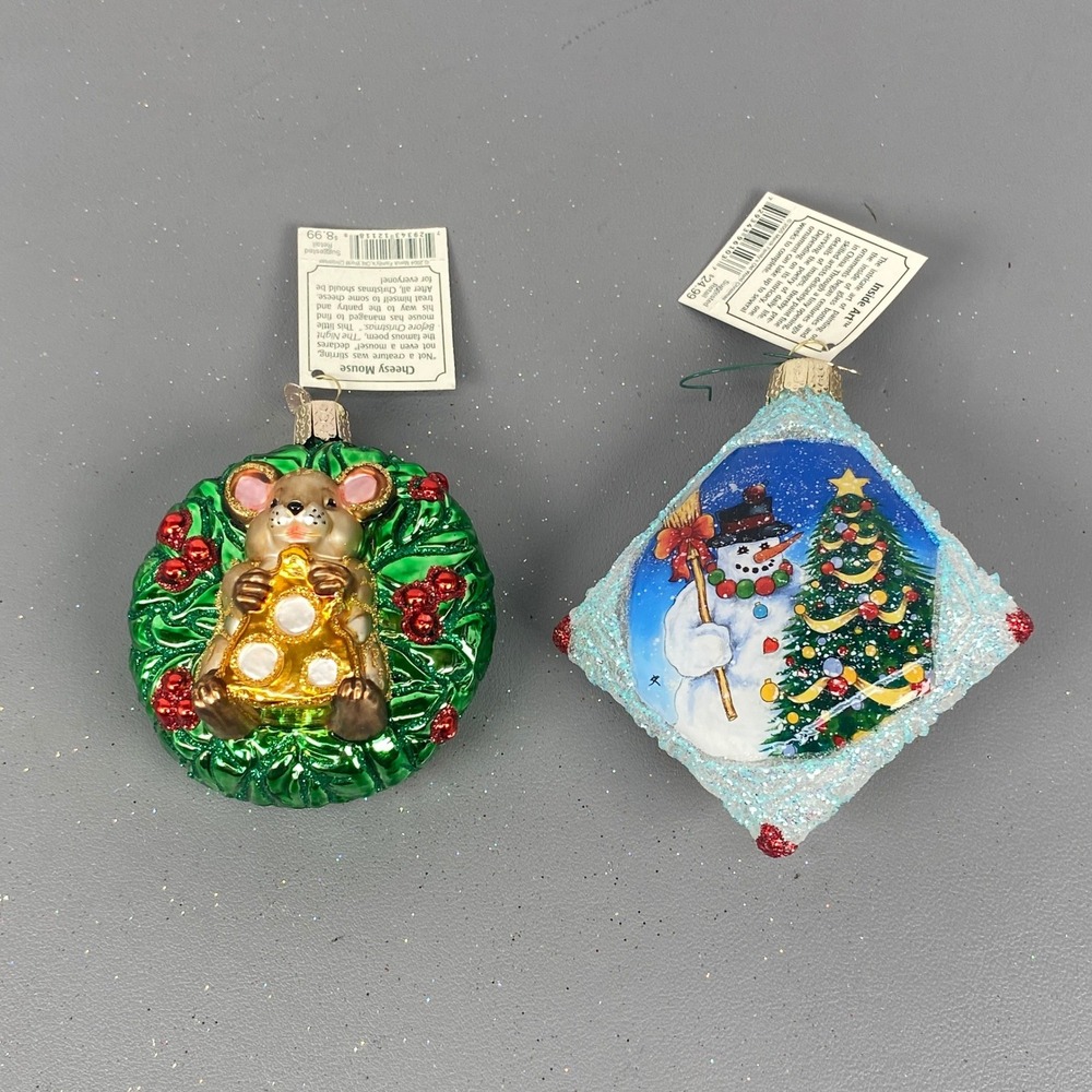 Old World Christmas Glass Holiday Ornaments Cheesy Mouse & Inside Art Snowman